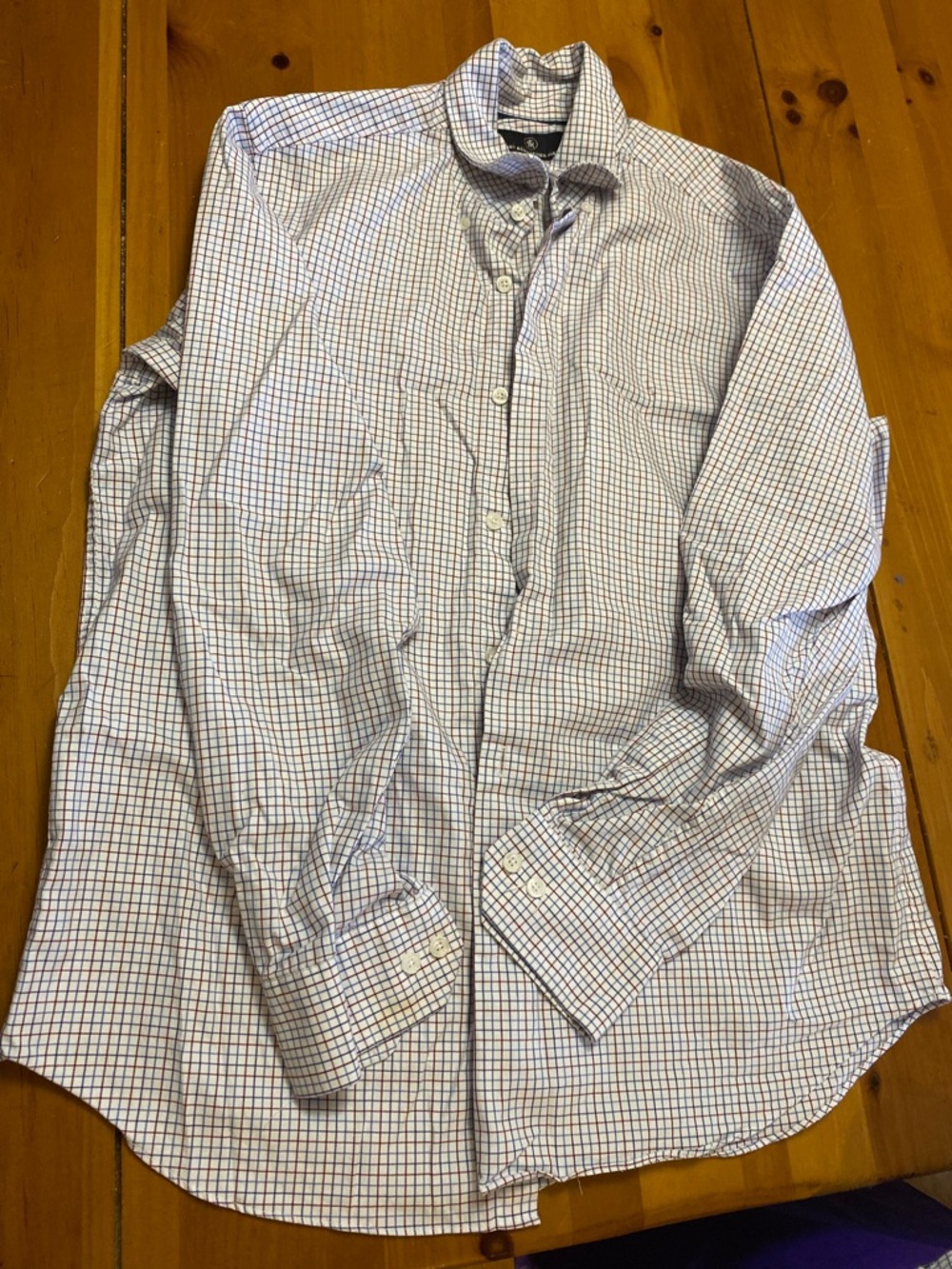 Hart Schaffner Marx White Dress Shirt with Blue and Red Windowpane Check